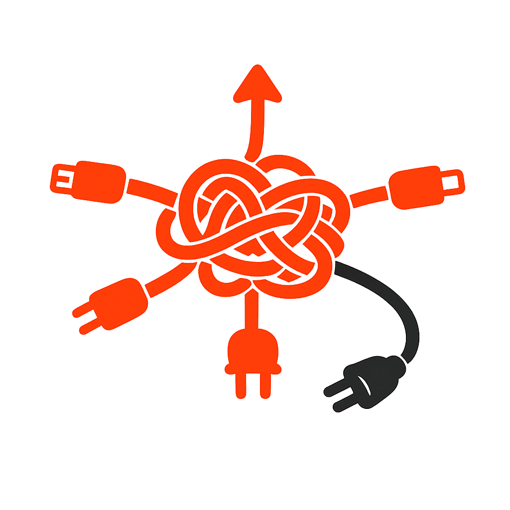 An illustrated tangle of wires and plugs