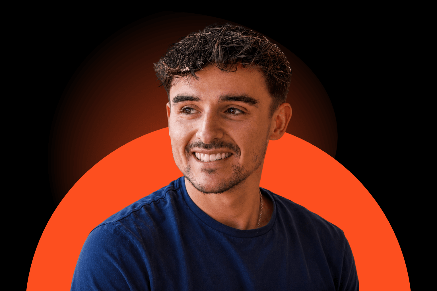 Patrick Cantellow looking candidly away from camera, with an orange brand circle behind him.