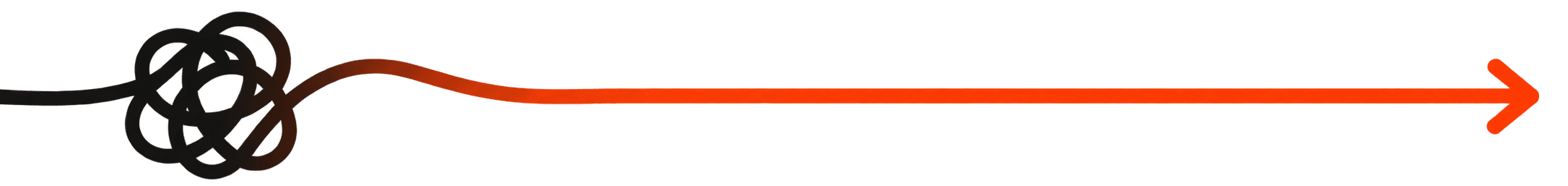 An illustrated solid line tangled that moves into an ironed out, straight arrow in branded orange, to showcase a path to growth.